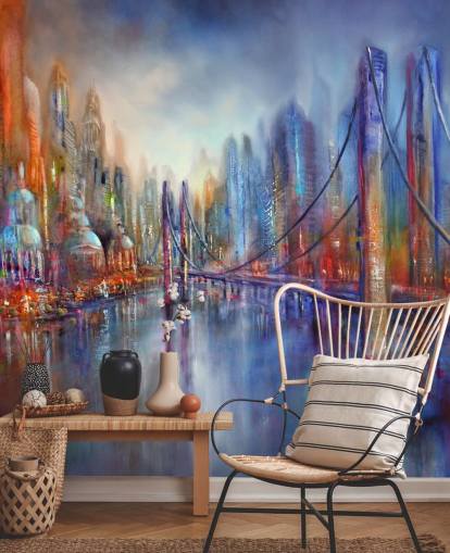 abstract red and blue painting of a city and bridge wallpaper