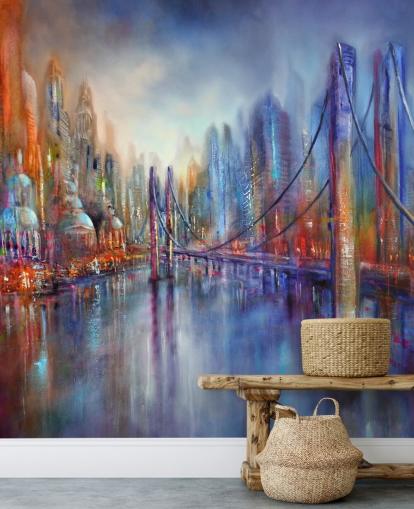 pintura abstracta roja y azul de un fondo de pantalla de ciudad y puente