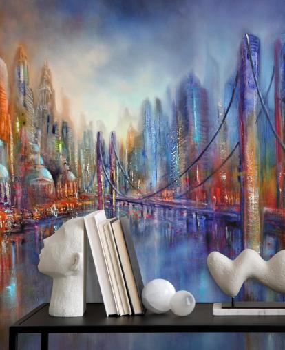 abstract red and blue painting of a city and bridge wallpaper