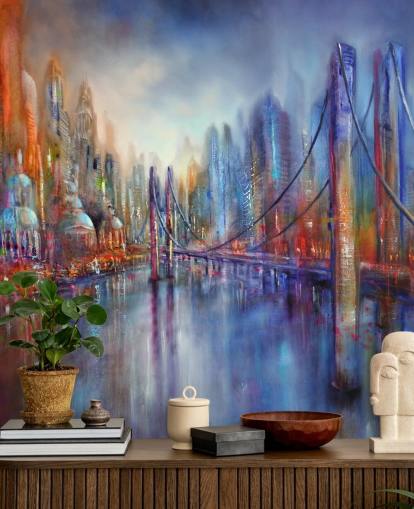 abstract rood en blauw schilderij van een stad en brugbehang