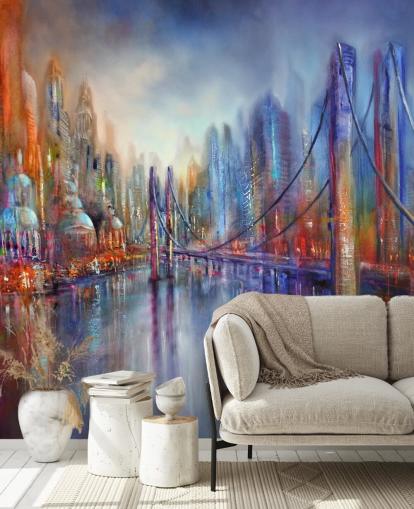 pittura astratta rossa e blu di una carta da parati città e ponte