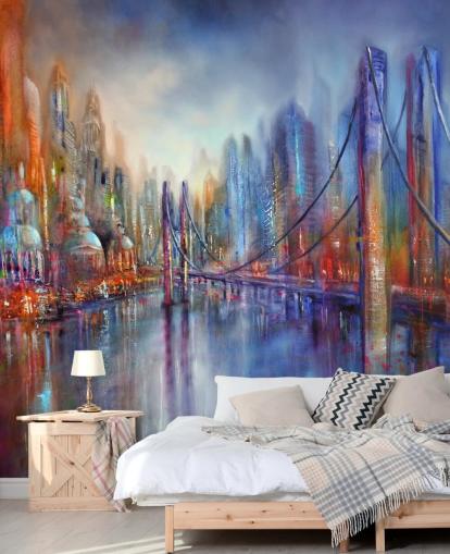 pittura astratta rossa e blu di una carta da parati città e ponte pittura astratta rossa e blu di una carta da parati città e ponte