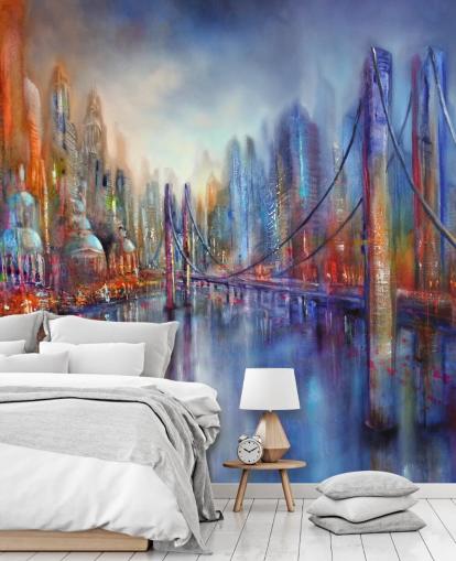 abstract red and blue painting of a city and bridge wallpaper
