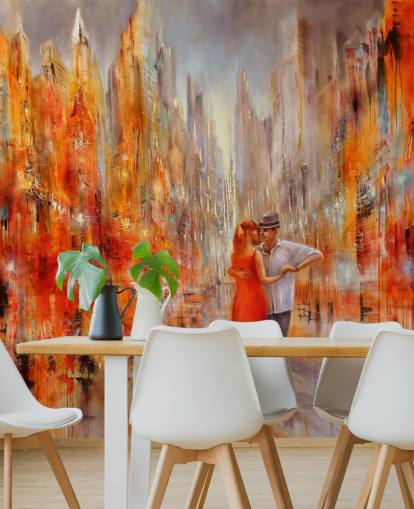 dipinto arancione e rosso di ballerini nella carta da parati della città