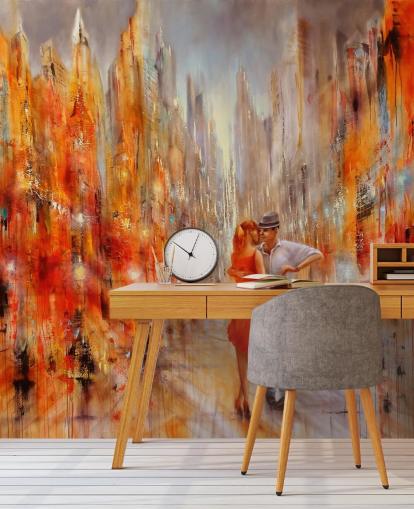 pintura naranja y roja de bailarines en el fondo de pantalla de la ciudad