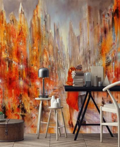 oranje en rood schilderij van dansers in het stadsbehang