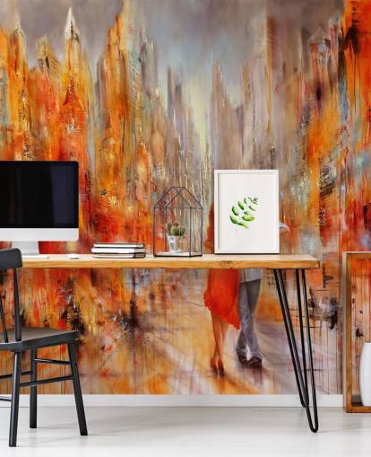 pintura naranja y roja de bailarines en el fondo de pantalla de la ciudad