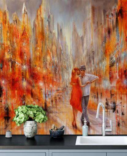 pintura laranja e vermelha de dançarinos no papel de parede da cidade