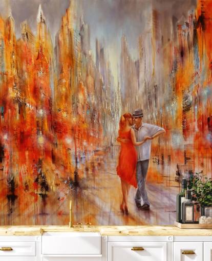 orange and red painting of dancers in the city wallpaper
