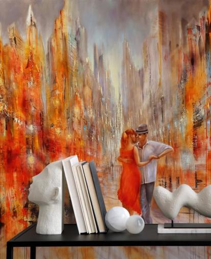 orange and red painting of dancers in the city wallpaper