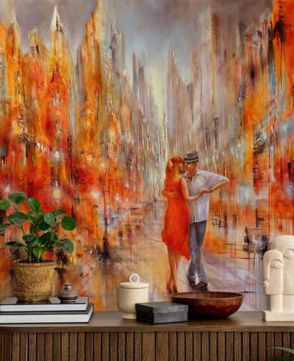 dipinto arancione e rosso di ballerini nella carta da parati della città