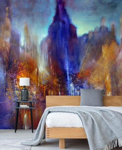 abstract schilderij van parkboompad met wolkenkrabbers boven behang