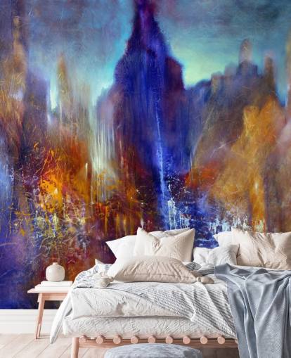 peinture abstraite du chemin d'arbre du parc avec des gratte-ciel au-dessus du papier peint