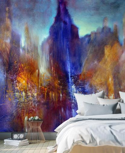 abstract painting of park tree path with sky scrapers above wallpaper