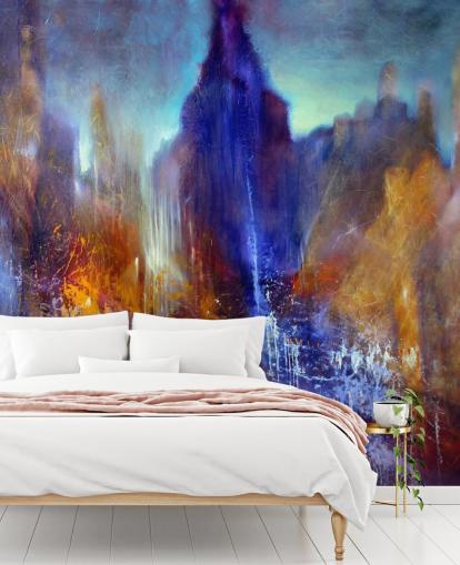 abstract schilderij van parkboompad met wolkenkrabbers boven behang abstract schilderij van parkboompad met wolkenkrabbers boven behang