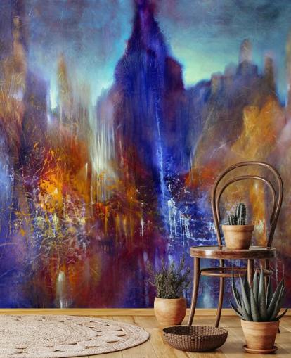 abstract schilderij van parkboompad met wolkenkrabbers boven behang