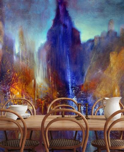 abstract schilderij van parkboompad met wolkenkrabbers boven behang