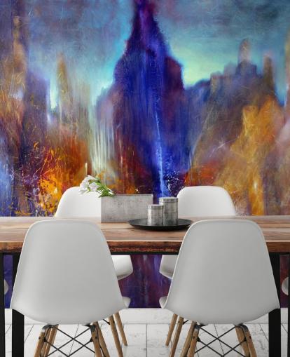 abstract schilderij van parkboompad met wolkenkrabbers boven behang