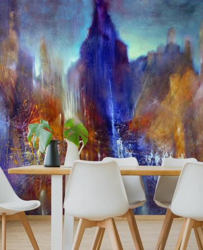 abstract painting of park tree path with sky scrapers above wallpaper