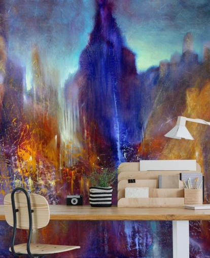 abstrakt maleri av park treet banen med himmel skrapere over tapet abstrakt maleri av park treet banen med himmel skrapere over tapet