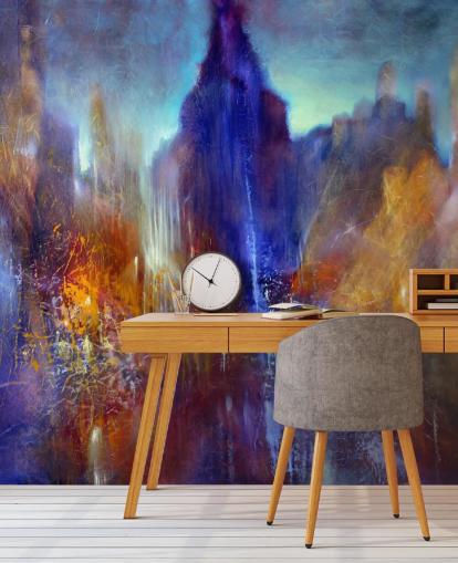 abstract painting of park tree path with sky scrapers above wallpaper abstract painting of park tree path with sky scrapers above wallpaper