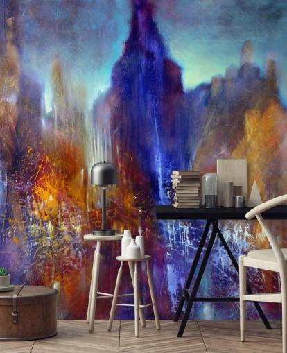 peinture abstraite du chemin d'arbre du parc avec des gratte-ciel au-dessus du papier peint