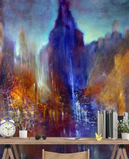 abstract painting of park tree path with sky scrapers above wallpaper