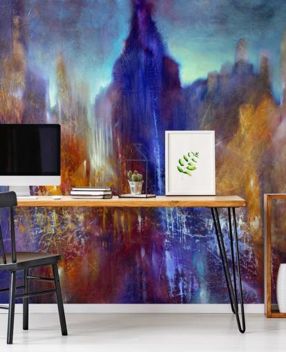 abstract painting of park tree path with sky scrapers above wallpaper