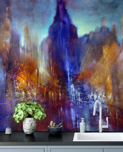 abstract schilderij van parkboompad met wolkenkrabbers boven behang