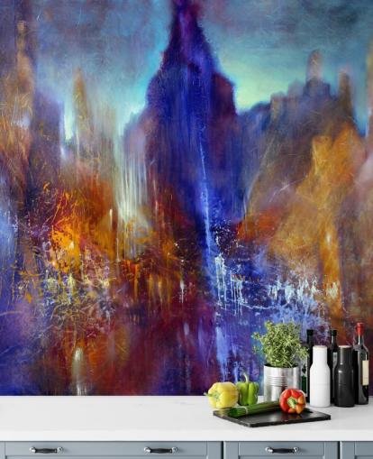 abstract painting of park tree path with sky scrapers above wallpaper