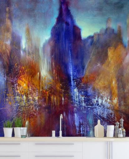 abstract painting of park tree path with sky scrapers above wallpaper abstract painting of park tree path with sky scrapers above wallpaper