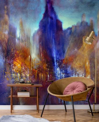 abstract painting of park tree path with sky scrapers above wallpaper