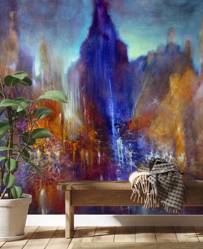 abstract schilderij van parkboompad met wolkenkrabbers boven behang