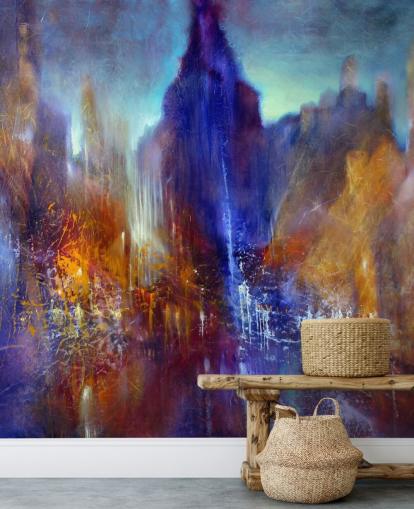 abstract painting of park tree path with sky scrapers above wallpaper abstract painting of park tree path with sky scrapers above wallpaper