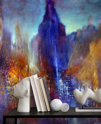 abstract painting of park tree path with sky scrapers above wallpaper