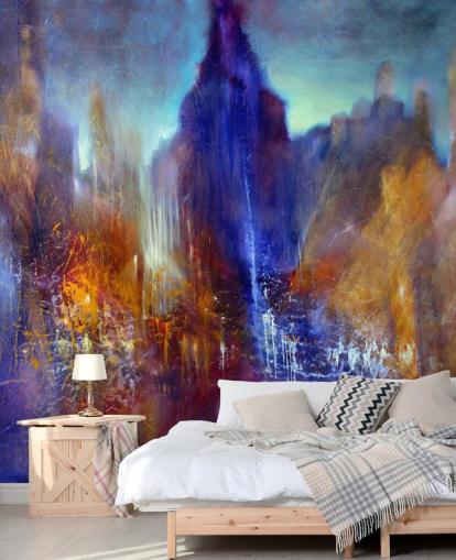 abstract painting of park tree path with sky scrapers above wallpaper