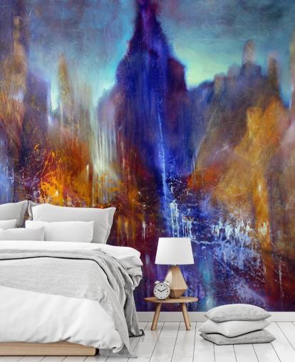 abstract painting of park tree path with sky scrapers above wallpaper abstract painting of park tree path with sky scrapers above wallpaper
