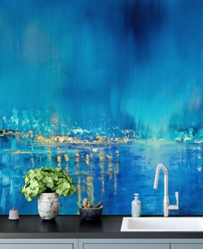 blaue abstrakte Stadt Gemälde Tapete