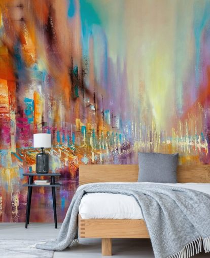 colourful abstract painting of a city wallpaper