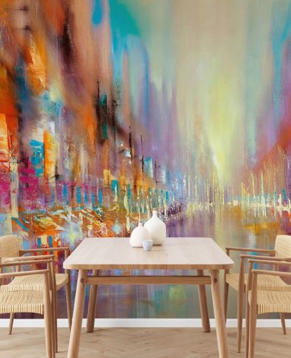 kleurrijk abstract schilderij van een stadsbehang