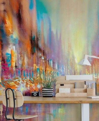 colourful abstract painting of a city wallpaper