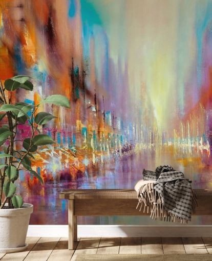 kleurrijk abstract schilderij van een stadsbehang kleurrijk abstract schilderij van een stadsbehang