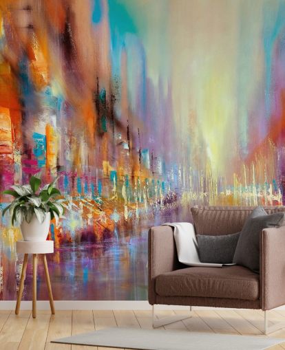 colourful abstract painting of a city wallpaper