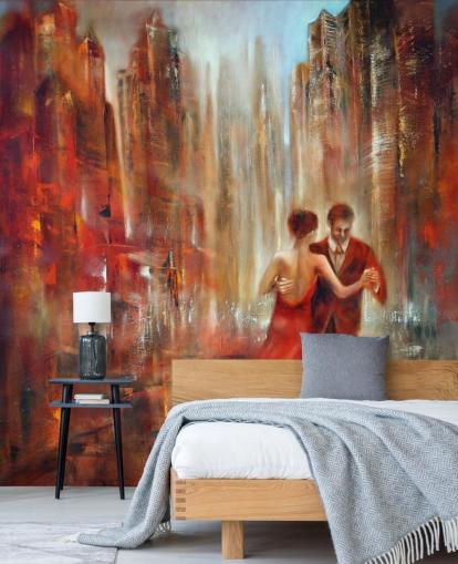 pintura romântica de duas pessoas dançando no papel de parede da cidade vermelha