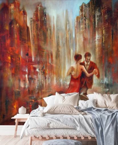romantic painting of two people dancing in red city wallpaper