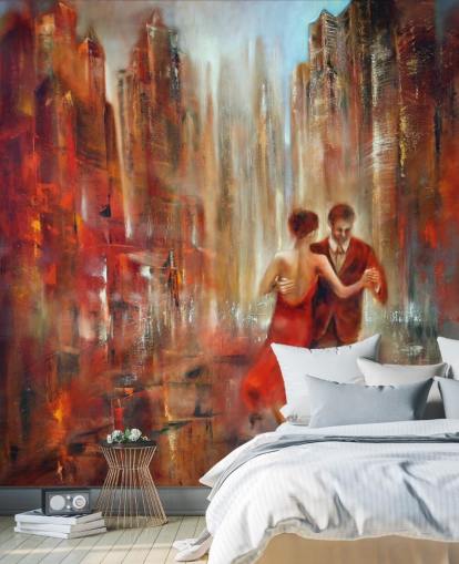 pintura romántica de dos personas bailando en papel tapiz de ciudad roja
