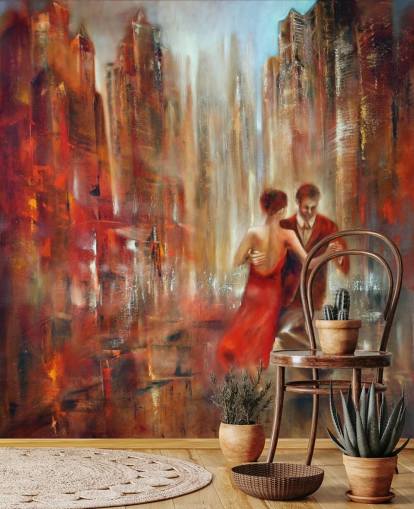 pittura romantica di due persone che ballano nella carta da parati della città rossa