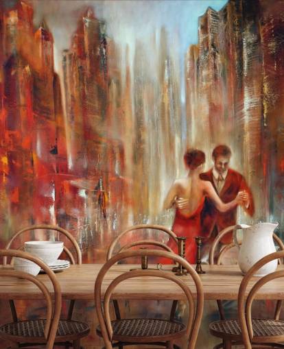 romantisch schilderij van twee mensen die dansen in rood stadsbehang