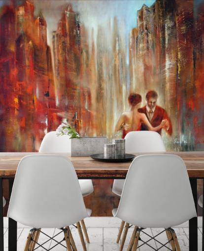 pittura romantica di due persone che ballano nella carta da parati della città rossa