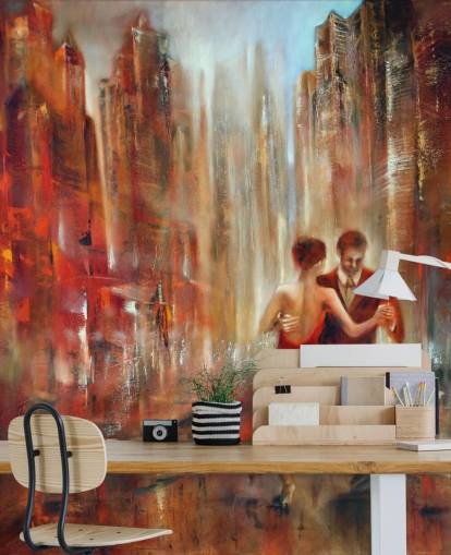 romantisch schilderij van twee mensen die dansen in rood stadsbehang romantisch schilderij van twee mensen die dansen in rood stadsbehang